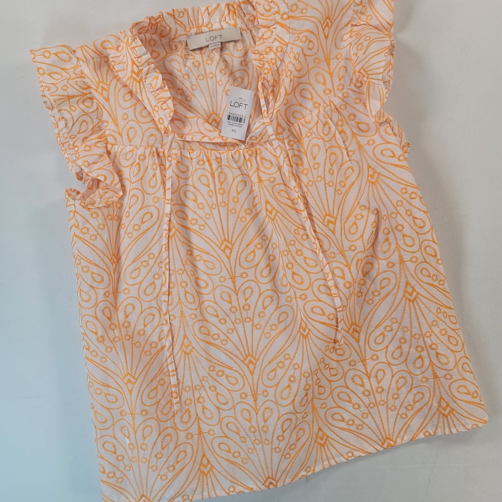 LOFT Womens XS NWT Embroidered Cotton Blouse Flutter Sleeve Boho Orange White